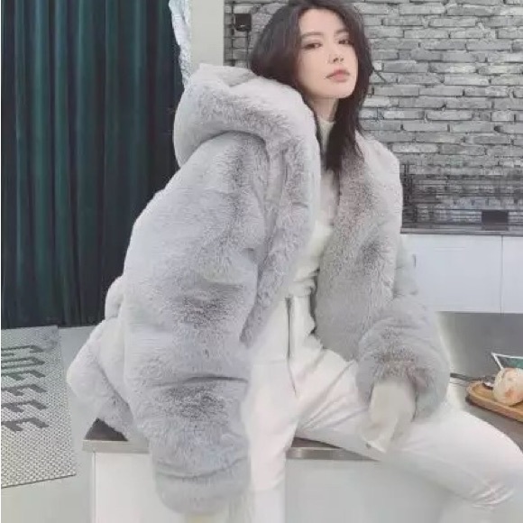 Fur coat gray zipper hoodie jacket womens pocket fuzzy faux fur hoodie - Picture 2 of 11